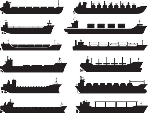 Bulk Carrier and River Barge Silhouettes for Cargo Transport