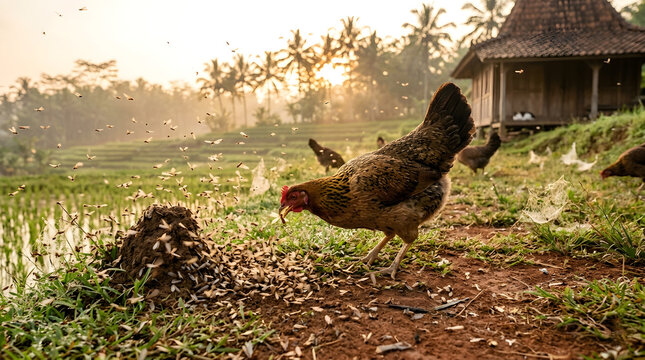 A free-range hen actively pecks at flying termites emerging from a mound on a grassy field near rural rice terraces during a golden sunrise