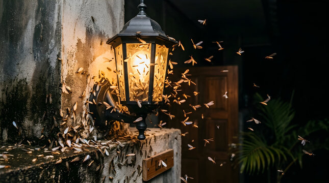 A swarm of flying termites is drawn to the warm light of a vintage outdoor lantern mounted on a rustic stone wall at night.