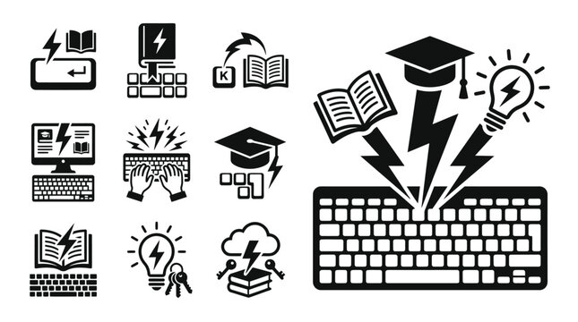 Digital Learning Icons: Keyboard, Books, Graduation Cap, Lightbulb, Cloud, Keys, Computer