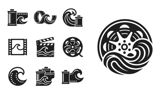 Film Reel Wave Icons Set - Cinema Ocean Motion Graphics