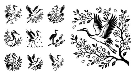 Obraz premium Japanese Cranes and Cherry Blossoms Vector Set