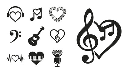 Music Heart Icons: Guitar, Notes, Treble Clef, Headphones, Microphone, Piano Keys © khami