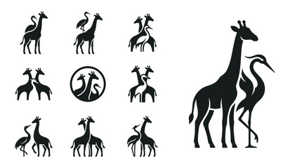 Obraz premium Silhouette Giraffe and Crane Duo Vector Collection: Elegant Safari Wildlife Icons