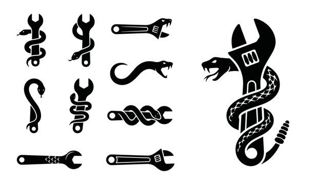 Snake Wrench Icons: Mechanic, Repair, Tool, Plumbing, Health Symbolism