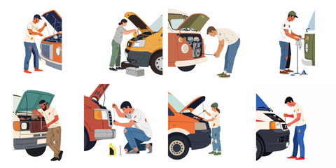 Flat illustration set of diverse people repairing their broken-down vans and cars with tools and open hoods. © Sri