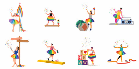 Fototapeta premium Diverse people celebrating LGBTQ+ pride with rainbow tutus, confetti, and festive accessories in a collection of flat vector illustrations.