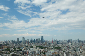 Obraz premium 恵比寿周辺の都市風景と飛行機