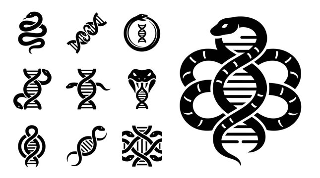 DNA Helix and Snake Icons Set: Biology, Science, Genetics, Health, Medicine, Medicine Symbol