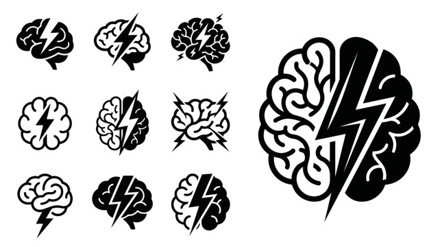 Brainstorming, Idea Generation, and Creativity Icons: Lightning Bolt and Brain Symbols