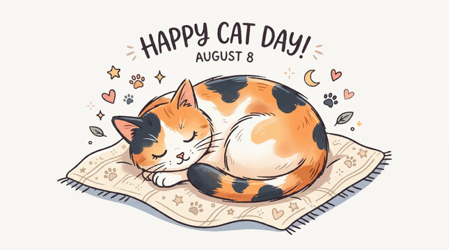 Cute cat, sleeping cat, happy cat day, feline vector, illustration