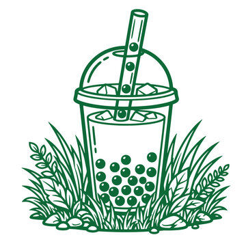 Boba tea cup with tapioca pearls surrounded by green foliage illustration beverage refreshment botanical