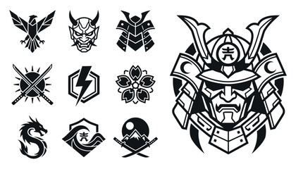 Fototapeta premium Japanese Samurai Icons: Dragon, Eagle, Oni Mask, Armor, Swords, Sakura Flower, Mountain