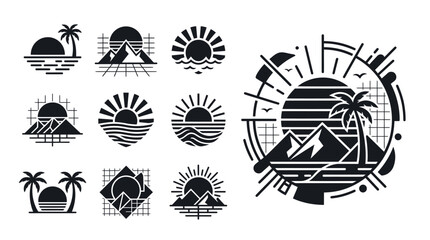 Retro Sunset Icons & Abstract Art: Mountains, Palms, Waves, Sun © khami
