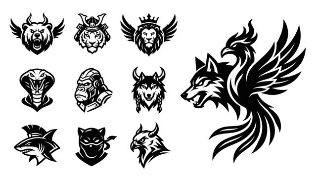 Collection of Animal Emblems and Logos: Bear, Tiger, Lion, Cobra, Gorilla, Wolf, Shark, Cat, Eagle, Phoenix