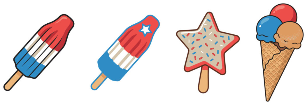 Summer frozen treats with patriotic theme including popsicles and ice cream in waffle cone.