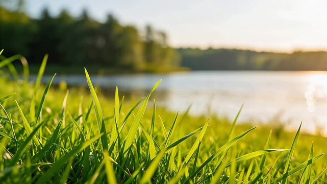 Green grass by a calm lake