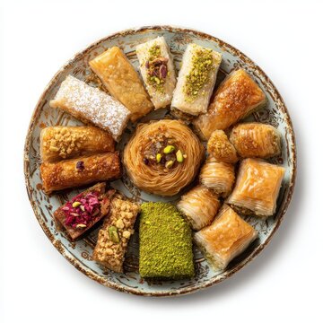 dessert plate with assorted baklava zoolbia and bamie isolated on a white background