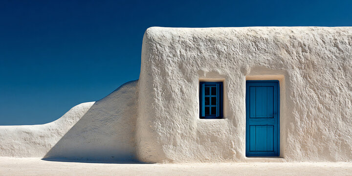 White Mediterranean Building with Blue Door and Window