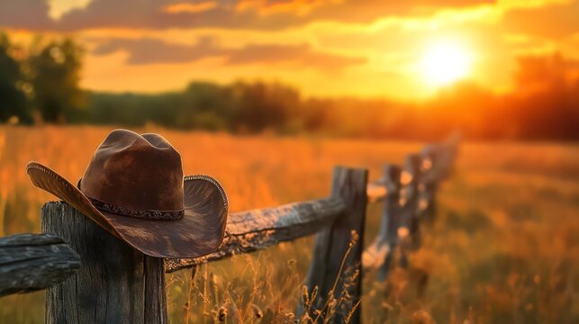Rustic outdoor scene with cowboy hat against wooden fence at sunset. Concept Outdoor Photoshoot, Rustic Theme, Cowboy Hat, Wooden Fence, Sunset Setting