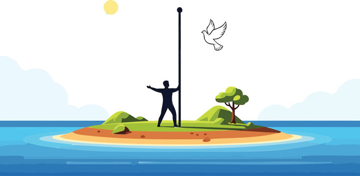 Man standing on island with flagpole and msea set