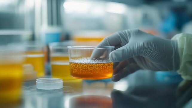 Gloved hand holds a clear plastic cup of amber liquid in a lab setting.
