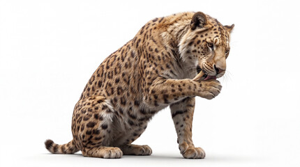 Fototapeta premium Smilodon fatalis grooming behavior between individuals in a realistic prehistoric scene, highly detailed reconstruction, isolated on white background, soft studio lighting.