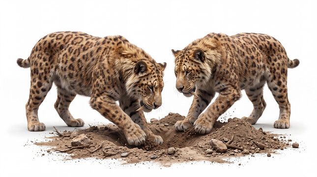 Smilodon fatalis resting inside a den in a realistic prehistoric reconstruction, highly detailed, isolated on white background, soft studio lighting.