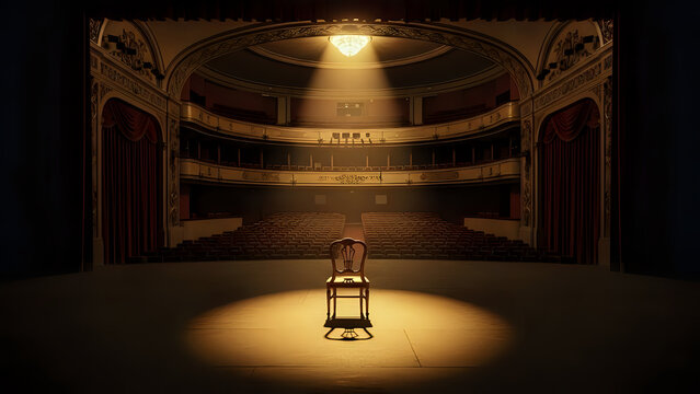 Empty wooden chair on an old theatrical stage illuminated by a single spotlight