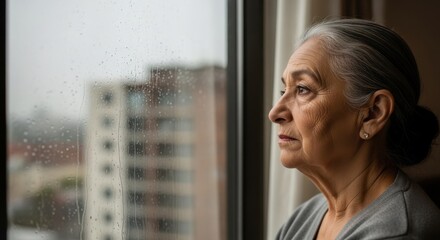Fototapeta premium Profile view of a contemplative elderly woman with gray hair looking out a rainy window at blurred urban buildings on a somber day