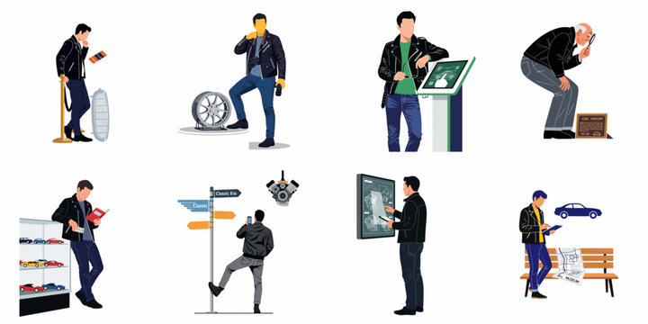 Flat vector illustration set of men exploring a car museum, examining vintage vehicle parts, history, and interactive displays in various poses.