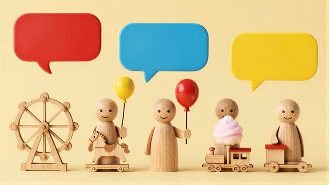 Wooden figures with toys and colorful speech bubbles above their heads.