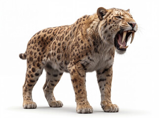 Fototapeta premium Smilodon fatalis roaring, realistic 3D reconstruction of a saber-toothed cat standing on a clean white background, mouth fully open displaying enormous saber canines, detailed tongue and teeth, powerf