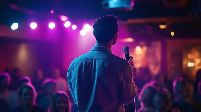 TV comedy talent show featuring standup comedians performing for a live audience. Concept Comedy performances, Stand-up comedians, Live audience, TV talent show
