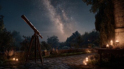 Fototapeta premium Space universe exploration, fantasy, mysterious. A nighttime scene depicts a serene outdoor setting. A large telescope on a tripod stands in the foreground.