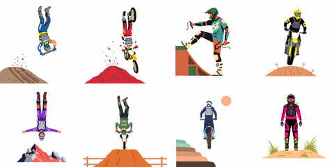 Obraz premium Set of Motocross and Freestyle Motorcycle Stunts Vector Illustrations Featuring Riders Performing Aerial Maneuvers and Jumps in Extreme Sports Scenes.