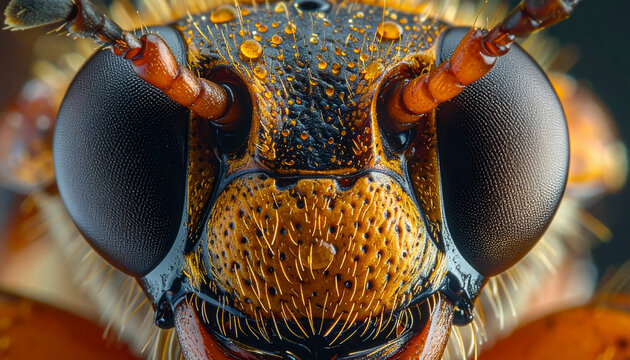Macro insect head details with large compound eyes and intricate textures