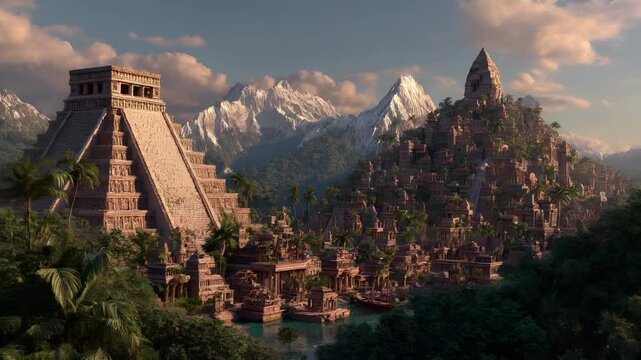 Maya Aztec civilization, Mexico culture. Mysterious, fantasy. A vivid portrayal of a fantastical landscape, likely inspired by ancient Mayan civilization. The main subject is a complex.