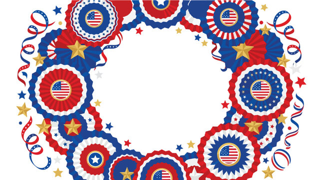 Independence Day celebration background with red white and blue patriotic rosette ribbons