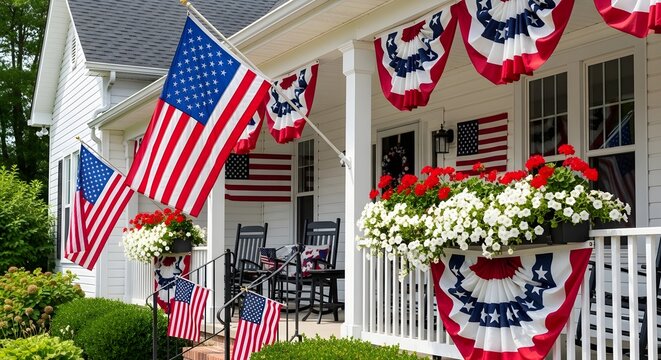 Festive independence day home exterior american flags and patriotic decorations