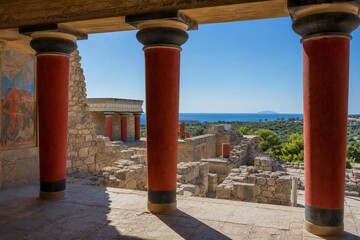 Fototapeta premium knossos. Ruins of an ancient palace with red columns overlooking the sea. real-estate listings, architecture portfolios, designed for interior renovation comparisons for interiors.
