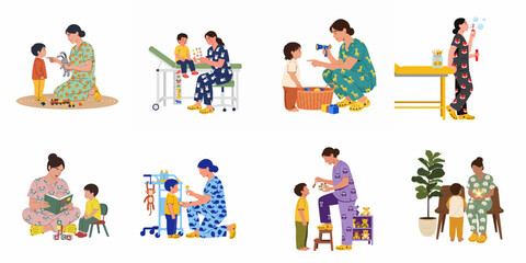 Fototapeta premium Pediatric Healthcare Professionals in Patterned Scrubs Interacting with Children in Various Medical and Playful Settings Flat Illustration Set