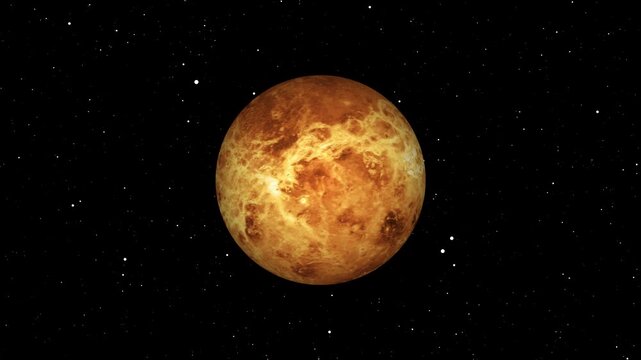 Venus planet rotating slowly in dark space with stars hd.