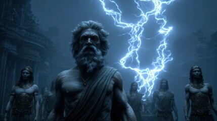 Obraz premium Greek mythology god Zeus. Fantasy. A dark, atmospheric portrayal of a group of ancient warriors in a dimly lit, ancient temple. The central figure, a bearded man, stands prominently in the foreground.