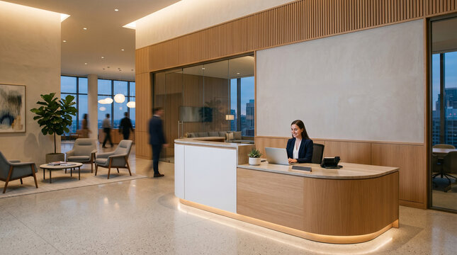 Businesswoman working at reception desk in modern office lobby