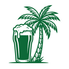 Obraz premium Chilled glass of foamy beer beside a palm tree illustration with beverage refreshment tropical vacation
