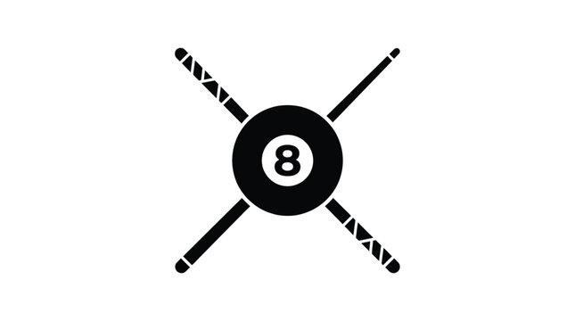 Black and white graphic icon featuring a classic billiard eight ball crossed by two professional pool cues in a clean minimalist vector art style design