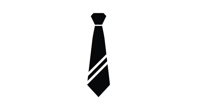 Minimalist black necktie icon with two diagonal white stripes featuring a classic professional shape isolated on a plain white background for modern corporate branding projects