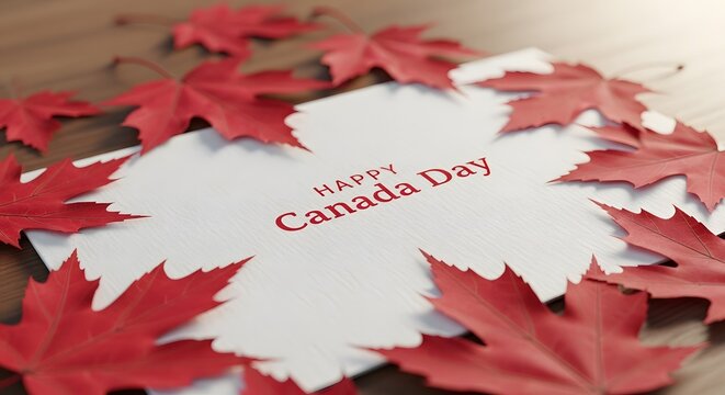 Happy Canada Day message surrounded by red maple leaves.