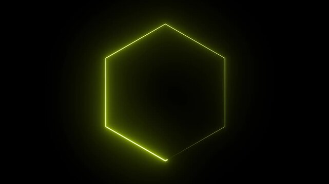Neon light hexagon frame animation on black background.